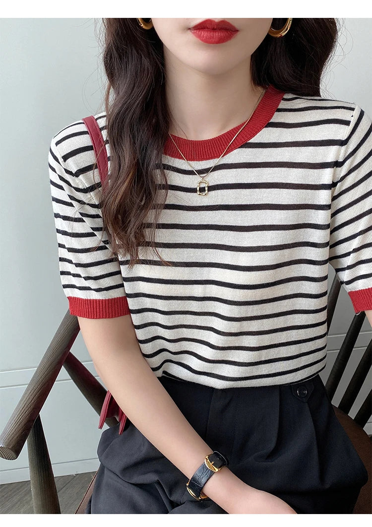 2025 Stripe Tops Women Knitted Round Collar Summer Print Short Sleeve Casual Simple Wild T-Shirt