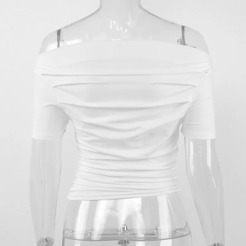 Summer New T-shirt Women Sexy Short Sleeve Fashion Tees Slash Neck Folds Crop Top Casual Streetwear Bodycon Solid Basic T-shirts