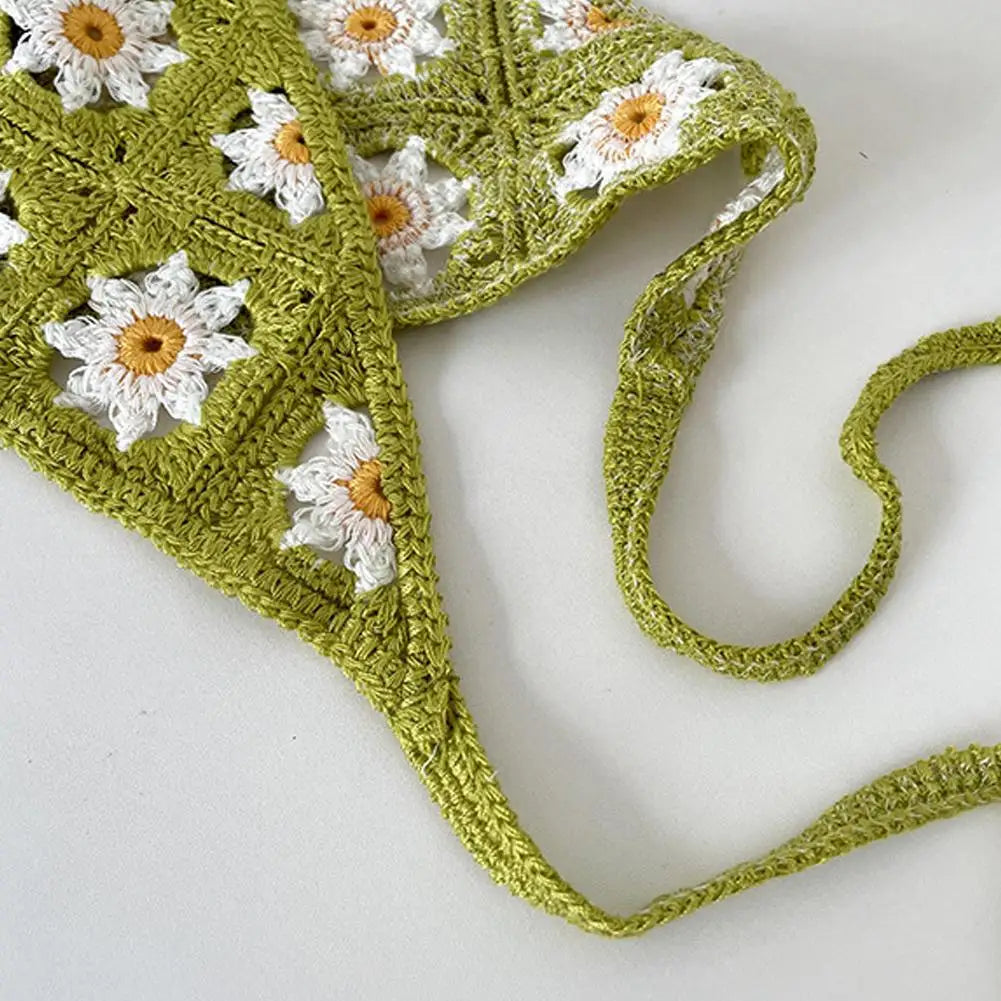 Korean Sweet Cute Handmade Crochet Hollow Triangle Headband Towel Women Spring and Summer Travel Literary Photo Hair Scarf