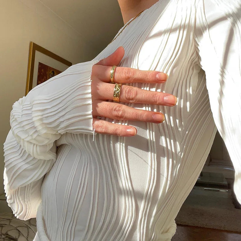 Woman Fashion Casual Ruched Long Sleeve T-shirt Blouses Female White Skinny Cropped Bottoming Shirt 2024 Autumn Y2K Top Clothes