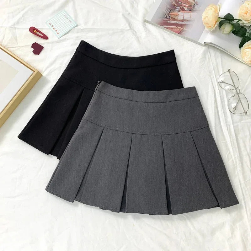 Vintage Gray Pleated Skirt Women Kawaii High Waist Mini Skirts Korean Fashion School Uniform Harajuku Streetwear Spring