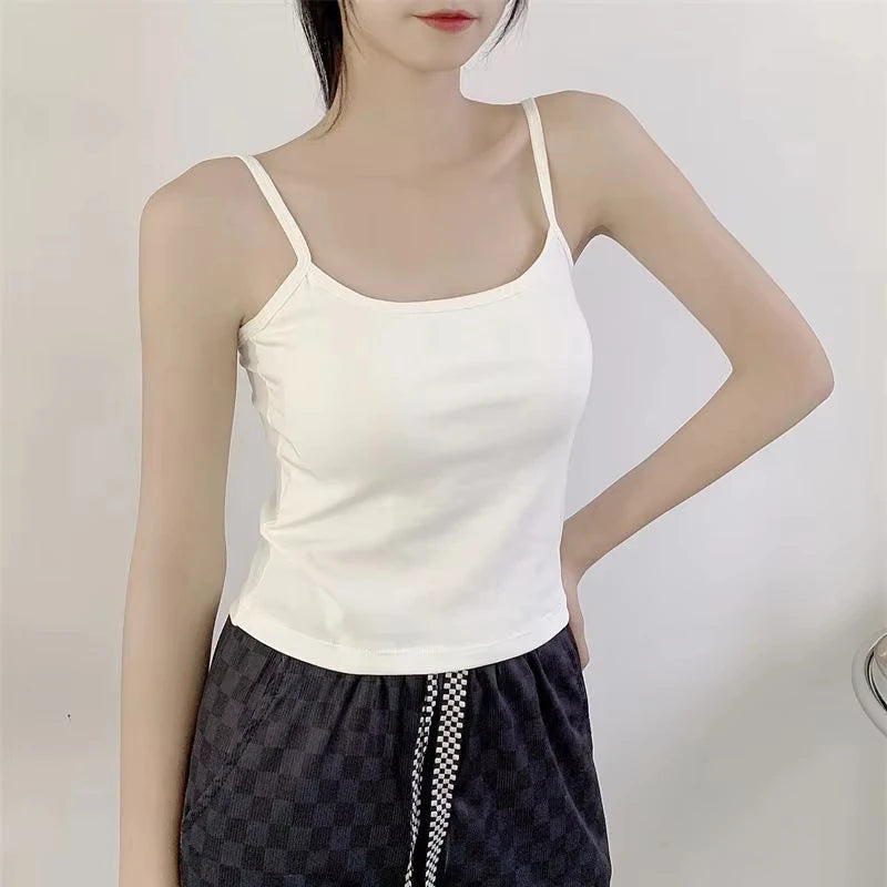 Women's Solid Color Spaghetti Straps Sleeveless Slim Camisole with Chest Pad Cotton Summer Wear Outside Female Short Tops Vests