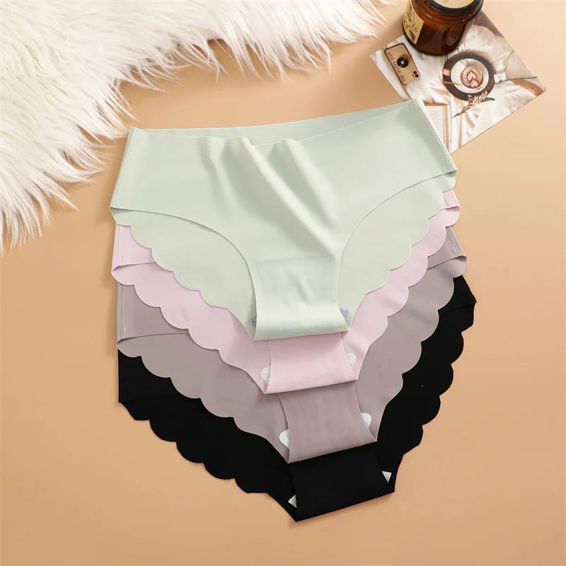 Ice Silk Seamless Panties 4PCS/Set Women's Briefs Solid Color Elastic Underwear Female Ultra Thin No Trace Wavy Side Panties