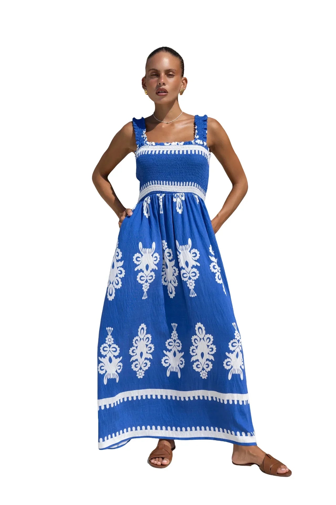 2025 Summer Fashion New Women's Bohemian Style Dress Beach Vacation Printed Strap Fold A-line Length Dress