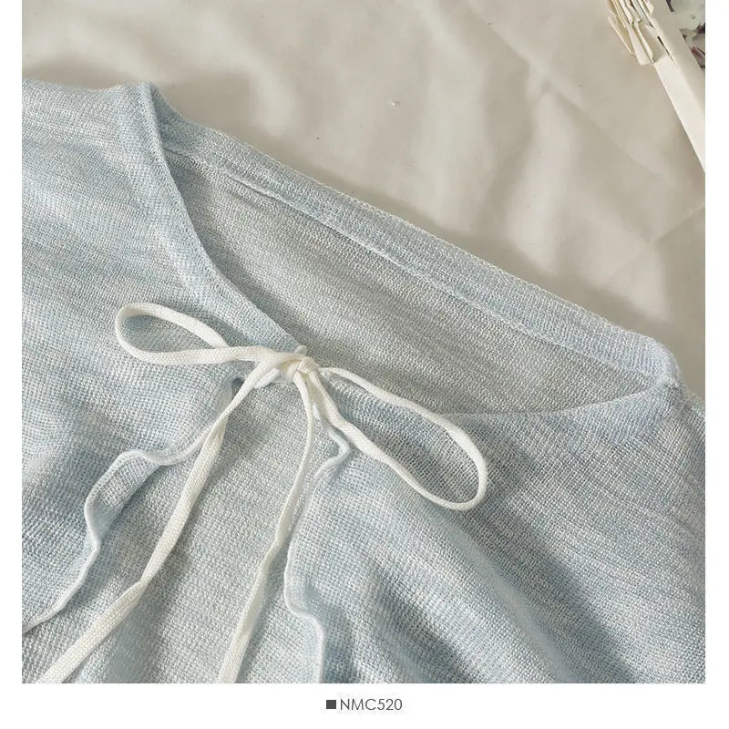 Women Frenum Cardigan Blouses and Tops Bow Lace Up Long Sleeve Crop Top Female Elegant Shirt Thin Aesthetic Clothes Korean Style