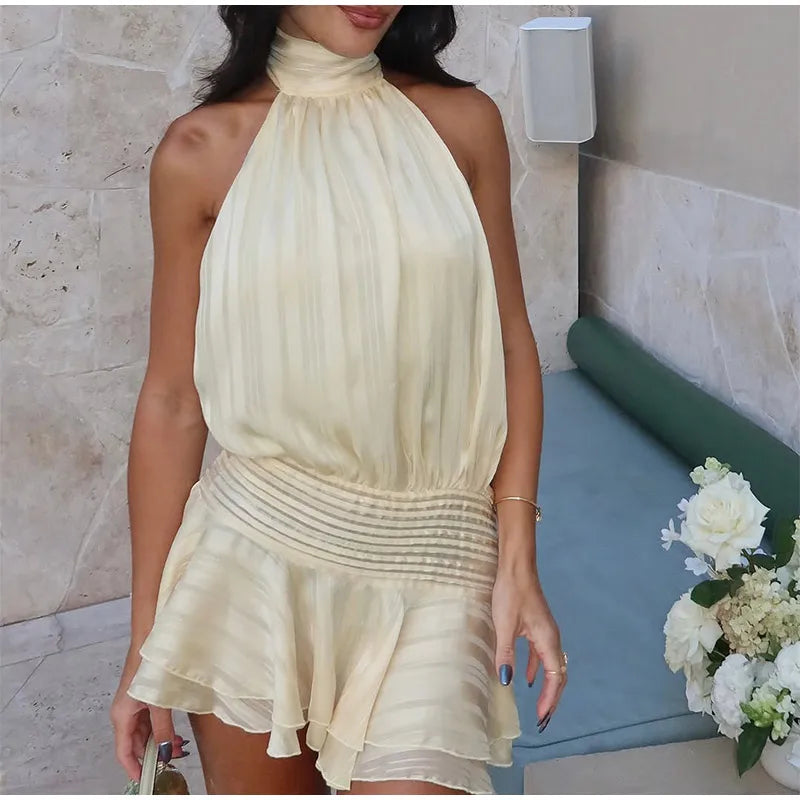 Yellow Elegant Stain Women's Sling Dress Sexy Backless Sleeveless V Neck High Waist Evening Gown Summer Chic Lady Partywear 2025