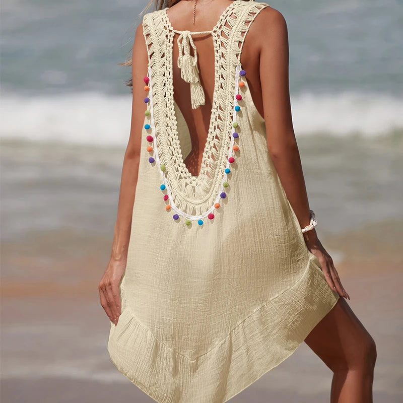Women V-Neck Backless Hollow Out Short Dress Crochet Splicing Wooden Ear Dress With Colored Balls Beach Swimsuit Cover Up