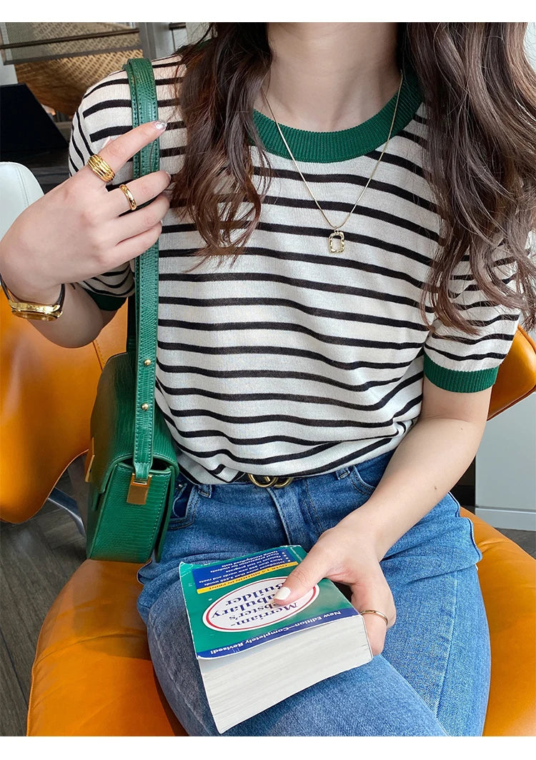 2025 Stripe Tops Women Knitted Round Collar Summer Print Short Sleeve Casual Simple Wild T-Shirt