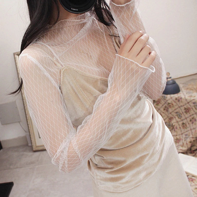 Sexy Women Mesh T-Shirts See-Through Perspective Tshirt Sunscreen Tops Long Sleeve Bottoming Shirts Club Party Black Tee Shirts