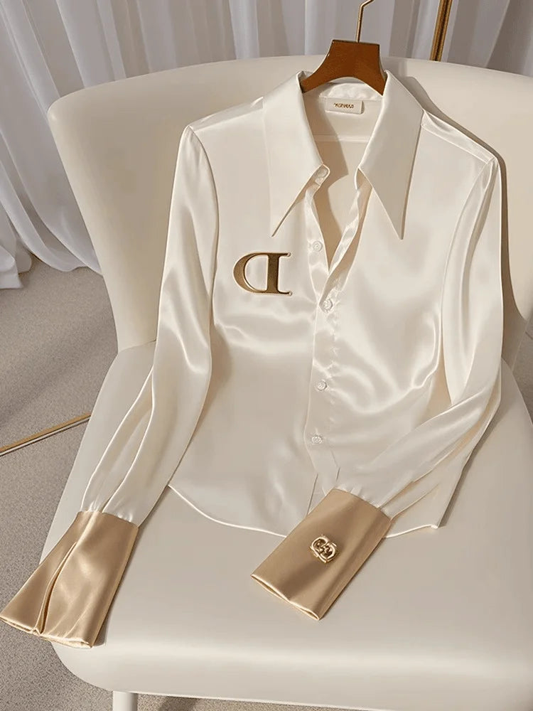 Elegant French Women's Pink/White Satin Shirt Turn-down Collar Long Sleeve Blouse Spring Autumn for Women Casual Office Lady New