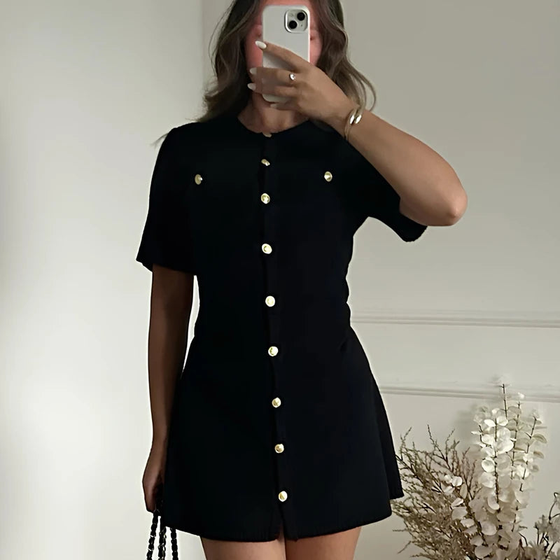 White Elegant Knitted Mini Dress For Women Metal Button Sexy Slim Rib Sweater Dress Holiday Party Outfits Autumn 2024 New