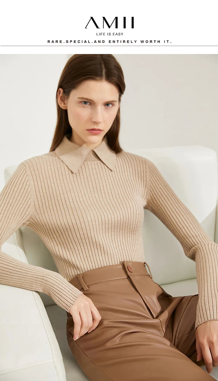 Amii Minimalism 2024 Sweater for Women Autumn New Office Lady Basic Lapel Striped Slim Knitted Tops Solid Trendy Blouse 12444058