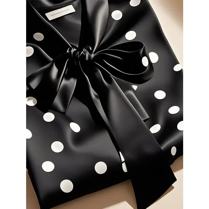 Women High Quality Satin Polka Dot Print Shirt Office Lady Business Casual Elegant Chic Blouse Lace-up Bow Long Sleeve Loose Top
