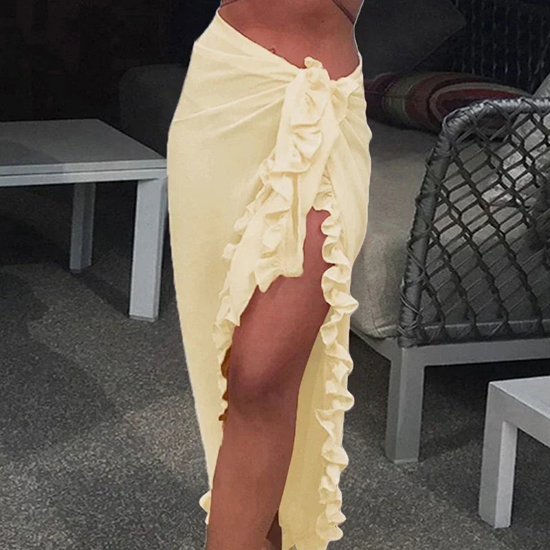 Women Chiffon See-Through Beach Bikini Cover Up Wrap Scarf Swimwear Pareo Sarong Dress Solid Ruffle Casual Beach Dress