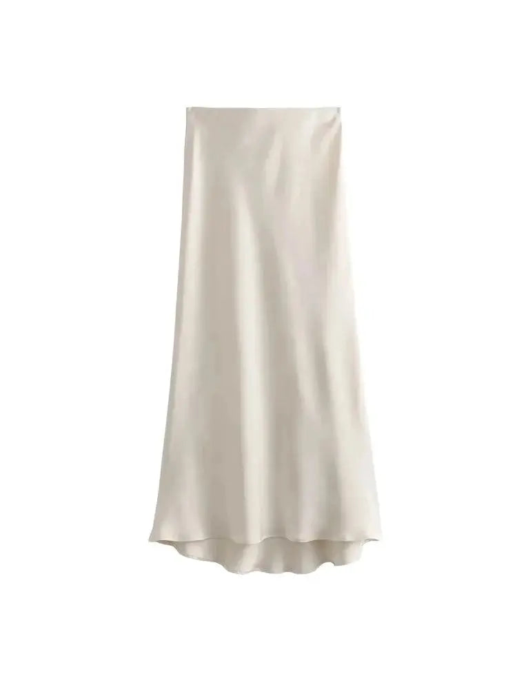 TRZA Women's Soft Touch Silk-Like Midi Skirt High Waist Elastic Waistband Chic Fashion Female Skirts Elegant Mujer