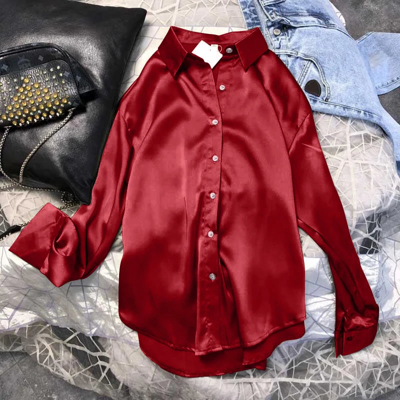 Autumn Casual Women's Satin Shirt All-Match Basic Solid Color Office Lady's Top Trendy Multicolor Shirts And Blouses Chic Top