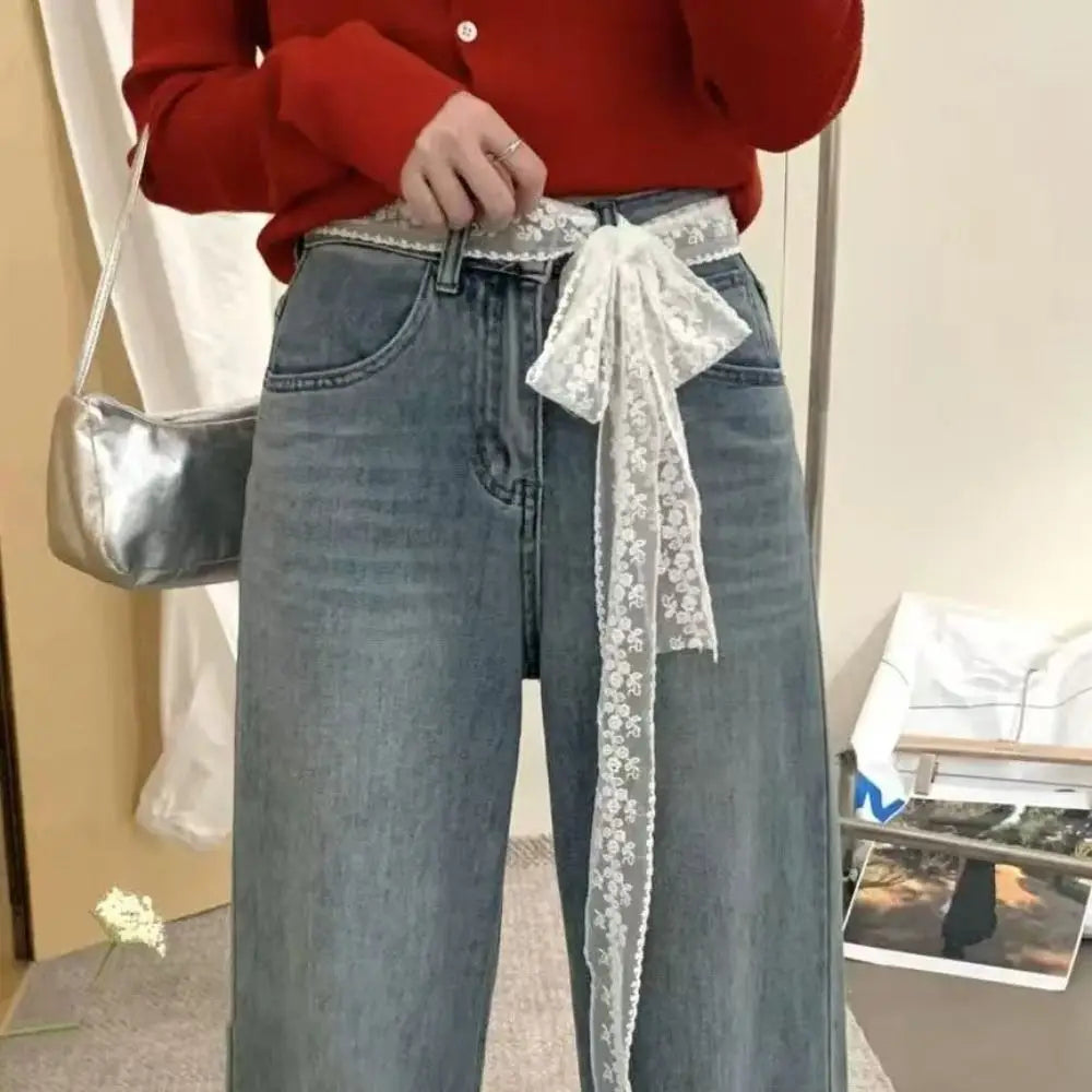 Unique Y2k Long Lace Waistband Bow Thin Lace Waist Belt Floral Tie Up Dress Jeans Belt Streetwear