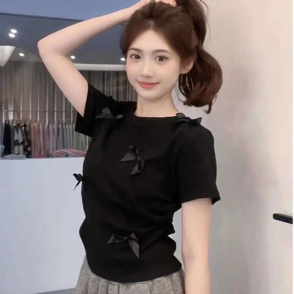 Elegant Ballet Bowknot T Shirts Round Collar Japanese Style Women Top Solid Color Short Sleeve Ribbon Crop Tank Top Women Girl