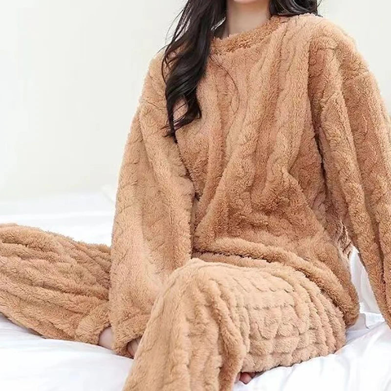 Autumn Women Solid Warm 1/2 Piece Sets Thicken Velvet Ribbed Fleece Set Pullover And Pants Women Casual Pajama Sets 2025