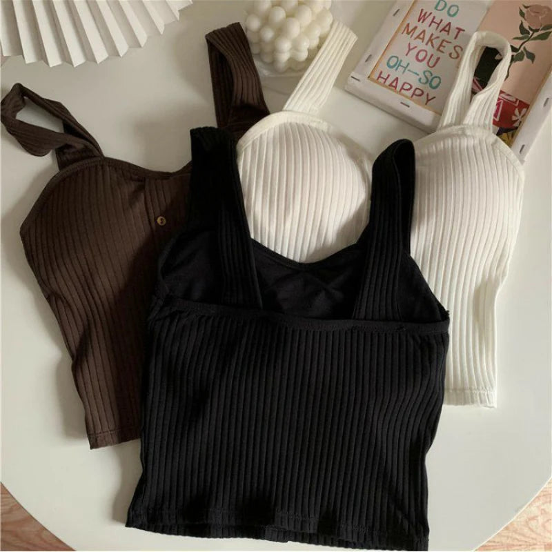 Women's Y2K Cropped Tops with Bra Pads Summer Corset Korean Suspenders Vest Sexy Camisole Slim New