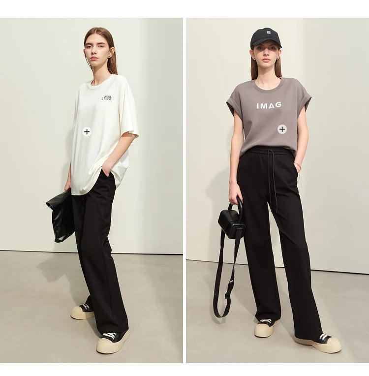 AMII Minimalism Casual Pants for Women 2025 Spring Wide Leg New Loose Vertical Elastic Waist Drawstring Sporty Trousers 12343338
