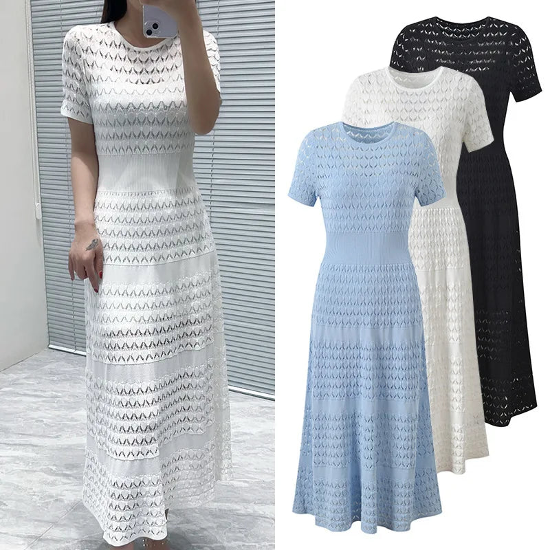 CHUJIE Women's 2025 Summer Lace Trim Dress Set - Round Neck Short Sleeve Midi Dress + Slip Dress 2 Piece Set (Rayon Nylon Blend)