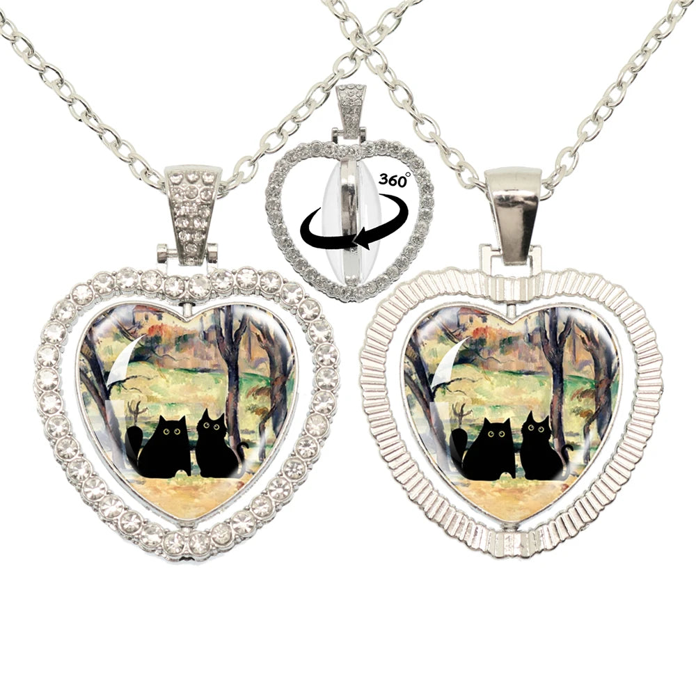 Lovely Little Cat Glass Cabochon 360 Degree Rotating Heart Shaped Pendant With Double-Sided Necklace For Girls' Birthday Gift Je
