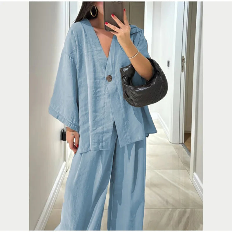 Women Classic Solid Wide Leg Pants Suits Summer Fashion V-neck One Button Loose Blouse Sets Casual Female Daily Streetwear 2025