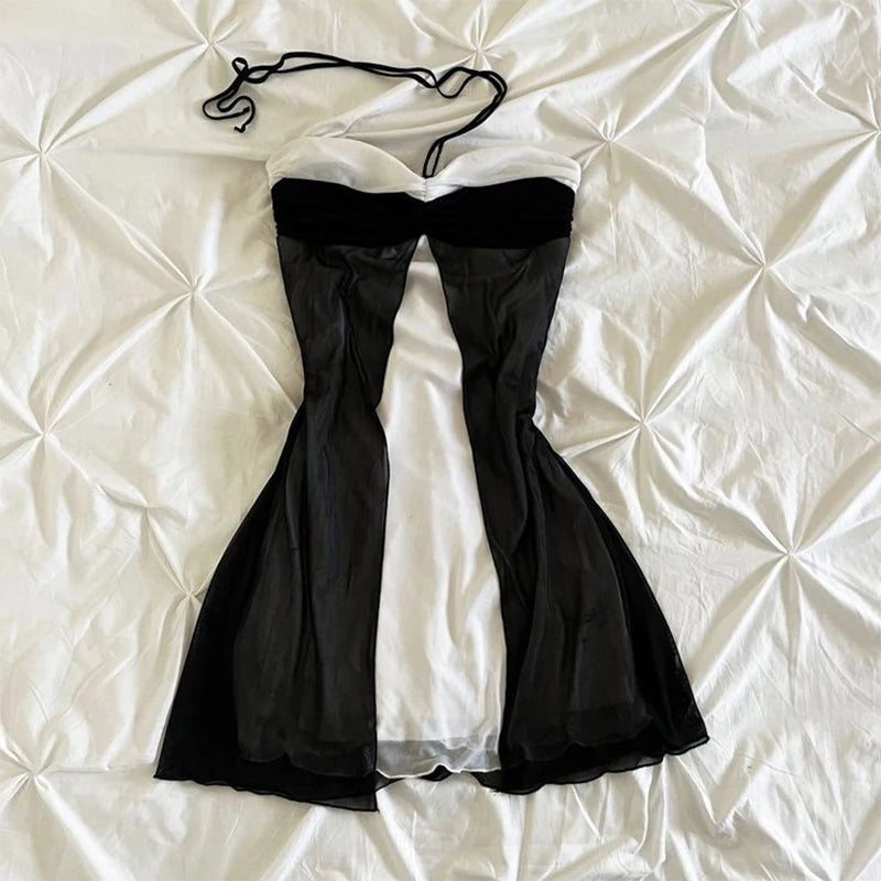 Gothic Harajuku Vintage Y2K Women's Dress Sexy Slim Chic Casual Lace-up Design Halter Neck Dresses Punk Rock Emo Girl Streetwear