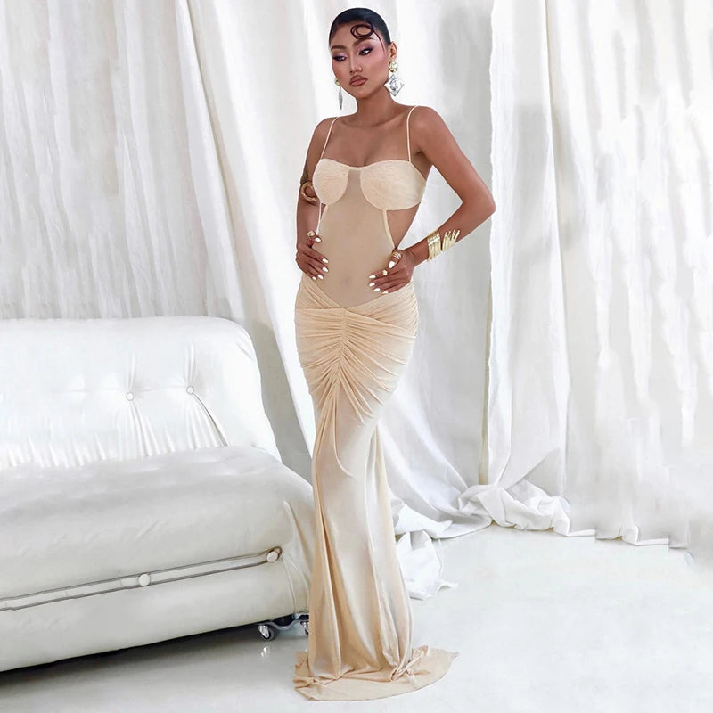 Sexy Off Shoulder Mesh See Through Maxi Dress Women Backless Ruched Elegant Gown 2025 Summer Night Prom Birthday Outfits