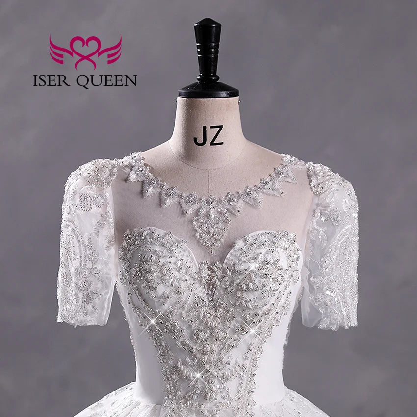 Customized Short Sleeves Sequin Tulle Wedding Dress For Woman 2025 Europe Fashion Wedding Party Dress Lace Appliques WX0397