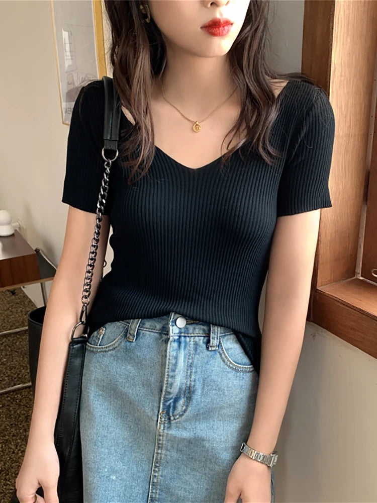 AOSSVIAO 2025 Basic V-neck Solid Thin Summer Pullover Women Female Knitted Ribbed Sweater Slim Short Sleeve Bodycon Sweater