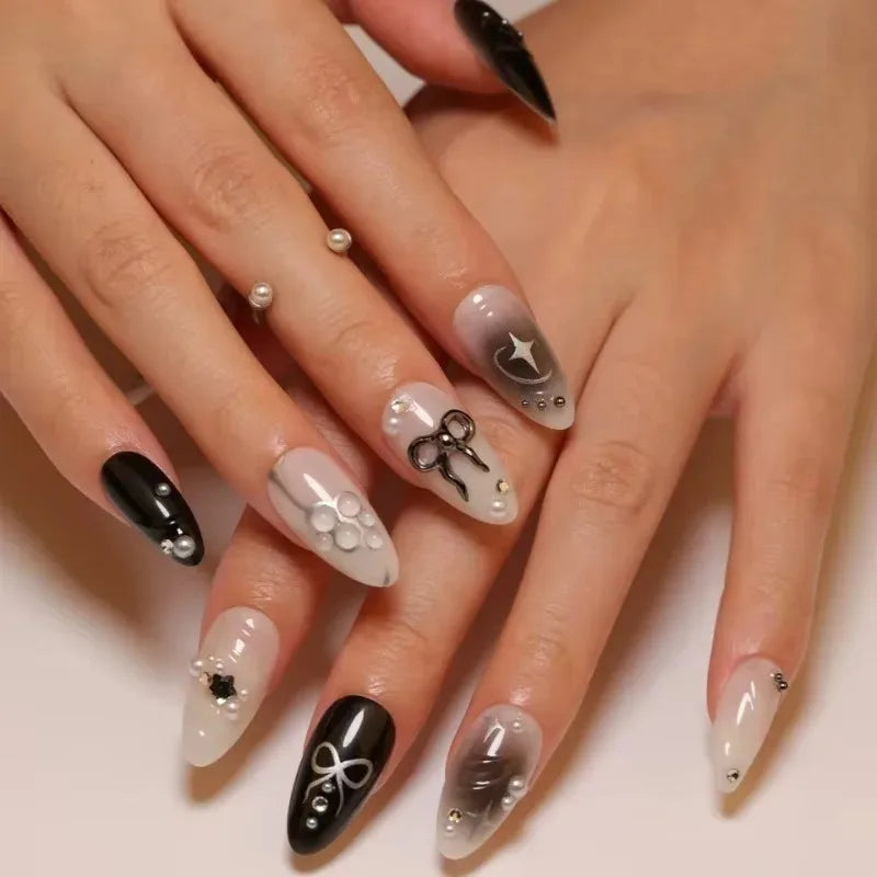 24Pcs False Nails Spicy Girl Silver Bow with Diamond Fake Nails with Glue Almond Press on Nails Black Cool Y2k Almond Nail Set