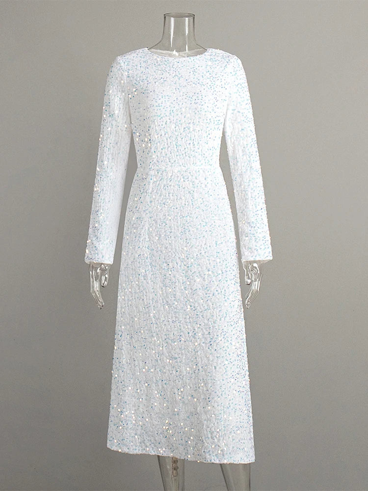 Elegant Sequin Printed Maxi Dresses Women's 2025 Summer Party Gowns Long Sleeve High Waist Slim Round Neck Lady Evening Dress
