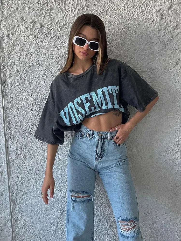 Cotton Washed T-shirt for Women New Attitude Fashion Leopard Prints Tops Loose O-Neck Oversized Short Sleeve Y2k Female Clothes