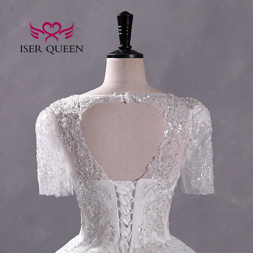 Customized Short Sleeves Sequin Tulle Wedding Dress For Woman 2025 Europe Fashion Wedding Party Dress Lace Appliques WX0397