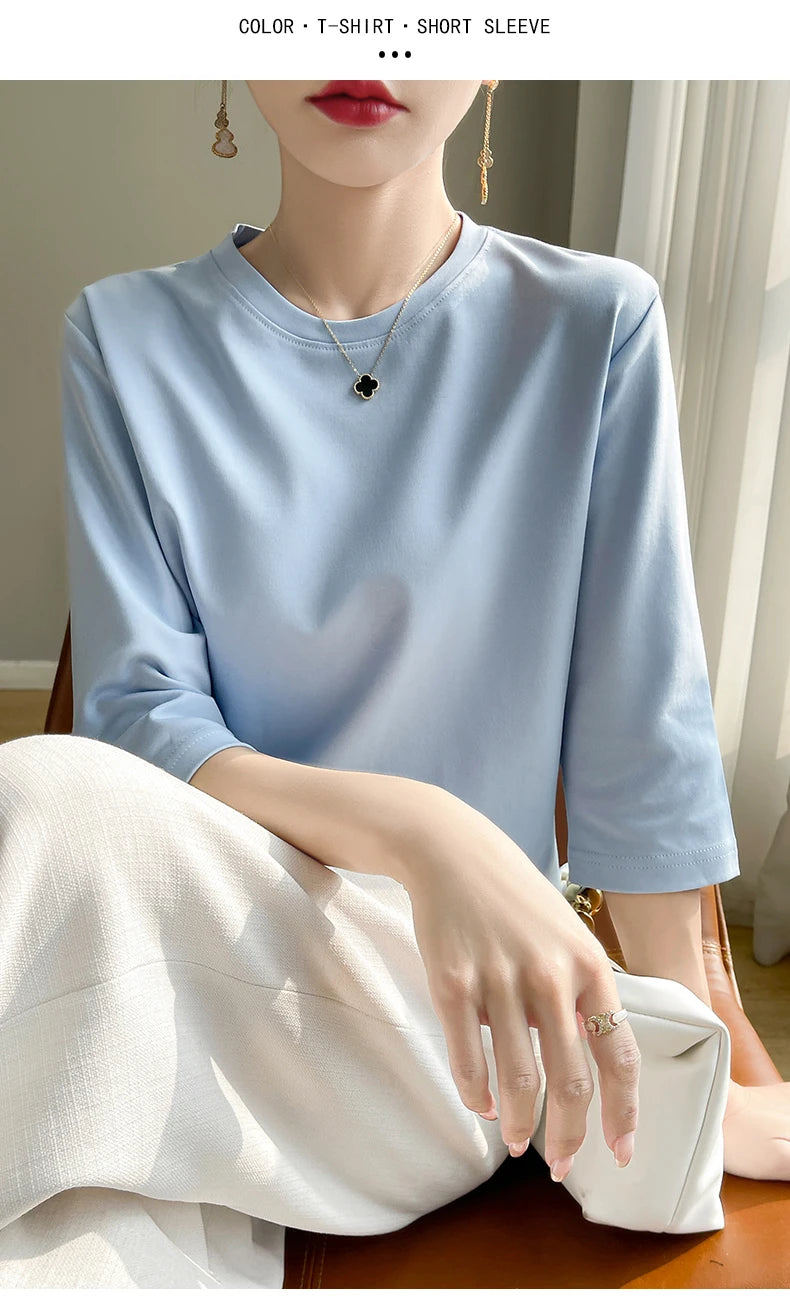 Spring And Summer New White Mercerized Cotton Short Sleeve T-Shirt Feminine Joker Cotton Cropped Sleeve Bottoming Shirt