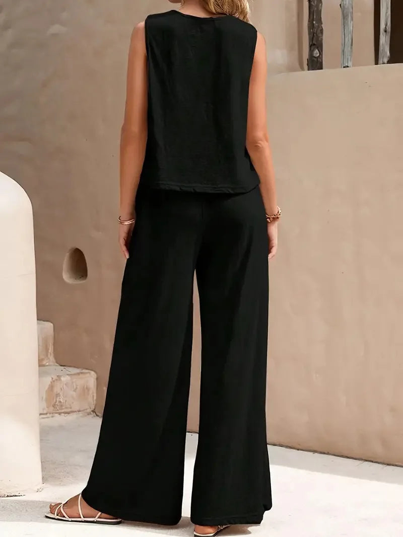 QX Womens Sleeveless Summer 2025 Pants Suit Flash Sale Solid Color Elegant Two Piece Round Neck Suit