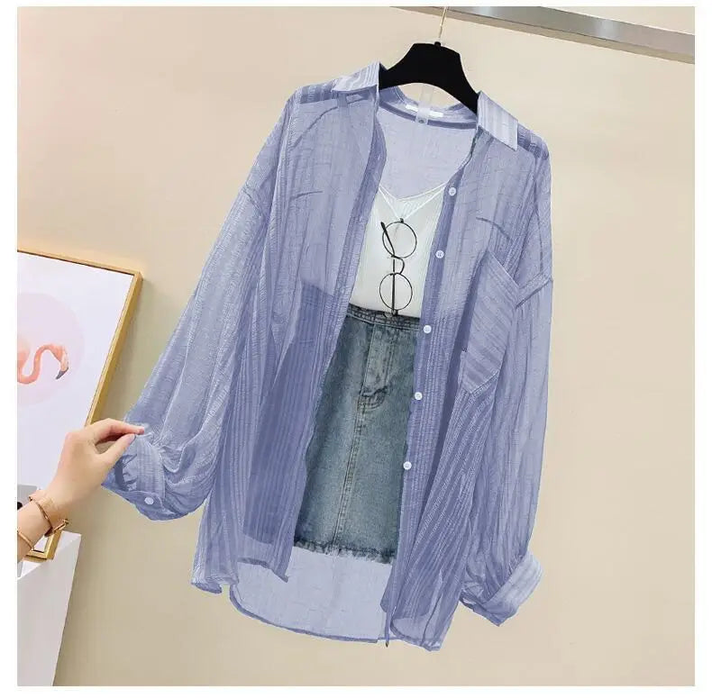 Summer sunscreen chiffon blouse Korean Harajuku style loose casual women's cardigan elegantly perforated top sheer fashionable