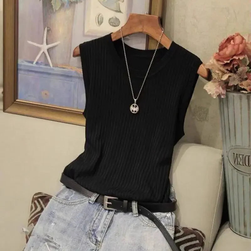 Korea Knitted Vests Women Top Summer Sleeveless Blouse Women O-neck Knitted Blouse Shirt Clothes Women Tops