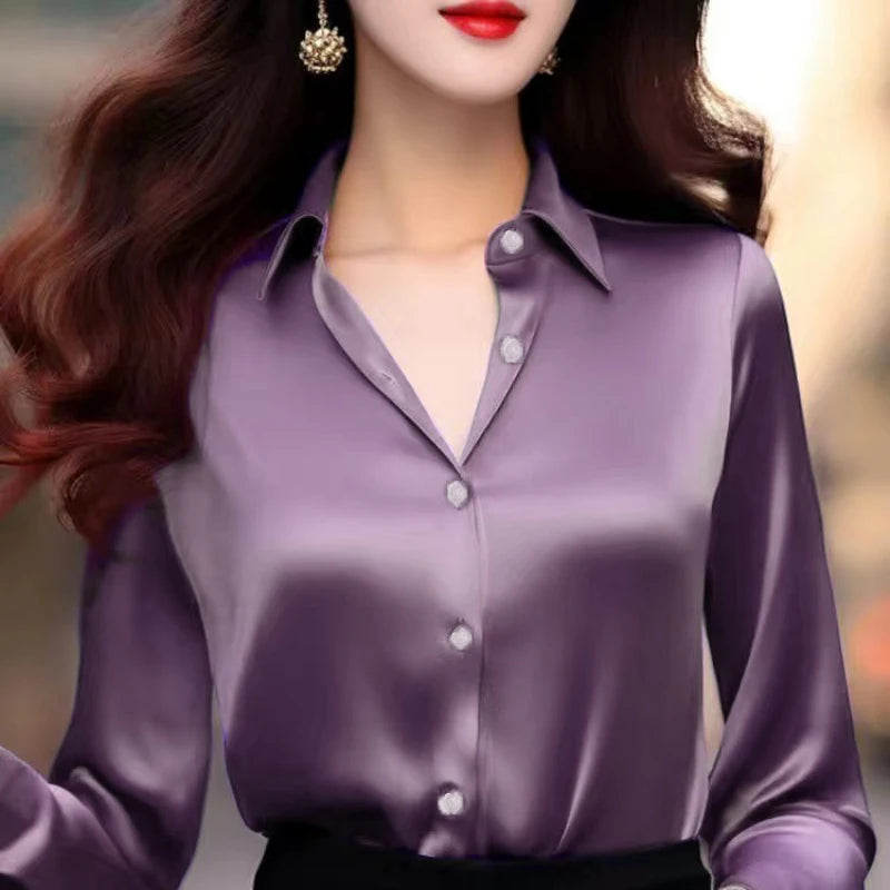 Solid Color Elegant Office Lady's Satin Shirt All-Match Trendy Women Shirts And Blouses Basic Chic Top Autumn French Chic Shirt