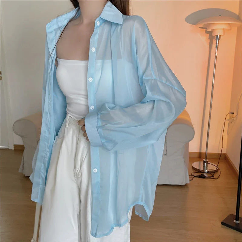 Xpqbb Women's White Chiffon Shirt Sheer Thin Long Sleeve Sun Protection Blouse Woman Casual Loose Simple Single-breasted Shirts