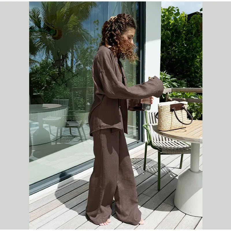 Women Classic Solid Wide Leg Pants Suits Summer Fashion V-neck One Button Loose Blouse Sets Casual Female Daily Streetwear 2025