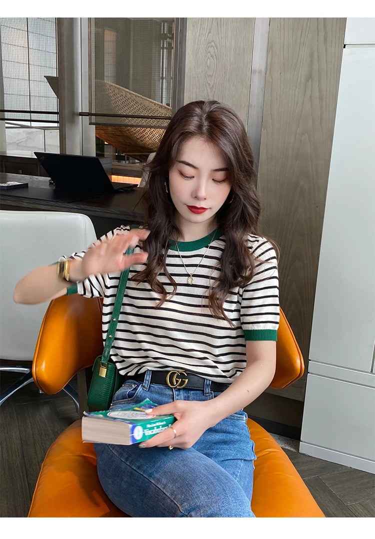 2025 Stripe Tops Women Knitted Round Collar Summer Print Short Sleeve Casual Simple Wild T-Shirt