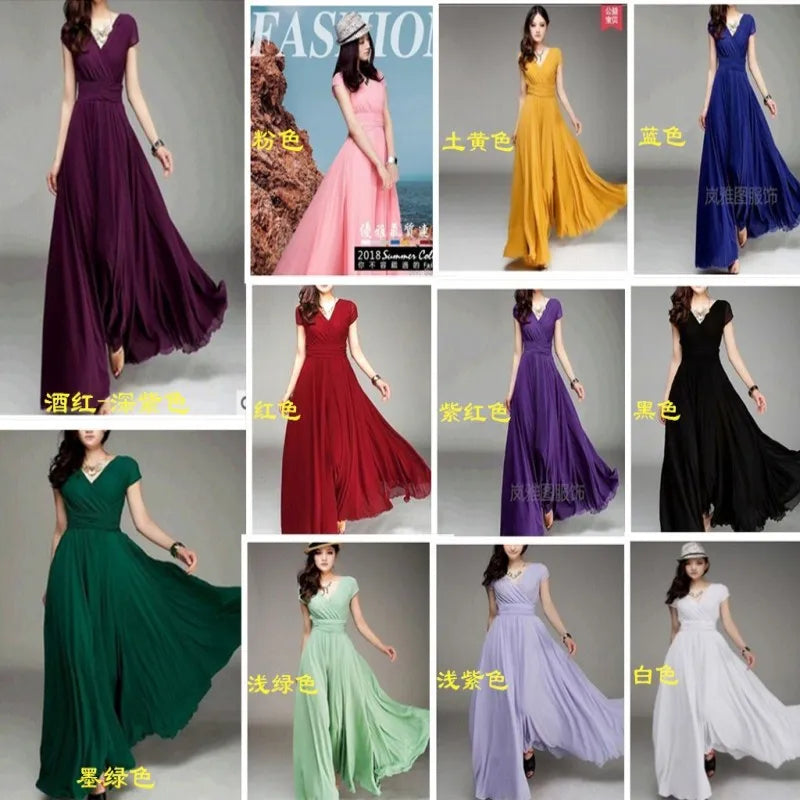 Women's Short-Sleeved Chiffon Evening Dress, Female Party Dress, Monochromatic, Bohemian, Long, Elegant, New, 2022