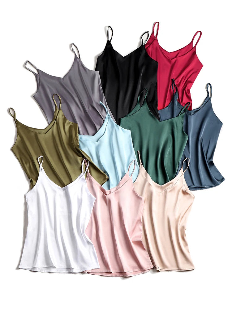AOSSVIAO 2025 Spaghetti Strap Top Women Halter V Neck Basic White Cami Sleeveless Satin Silk Tank Tops Women'S Summer Camisole