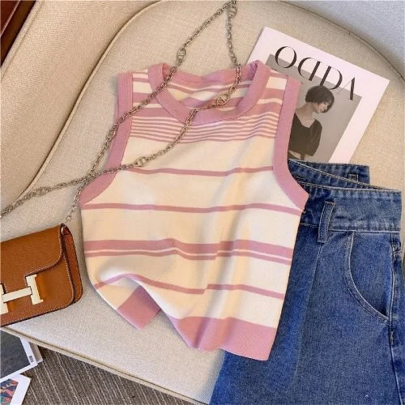 Knitted striped camisole women's summer outer wear French off-shoulder short sleeveless top versatile and trendy