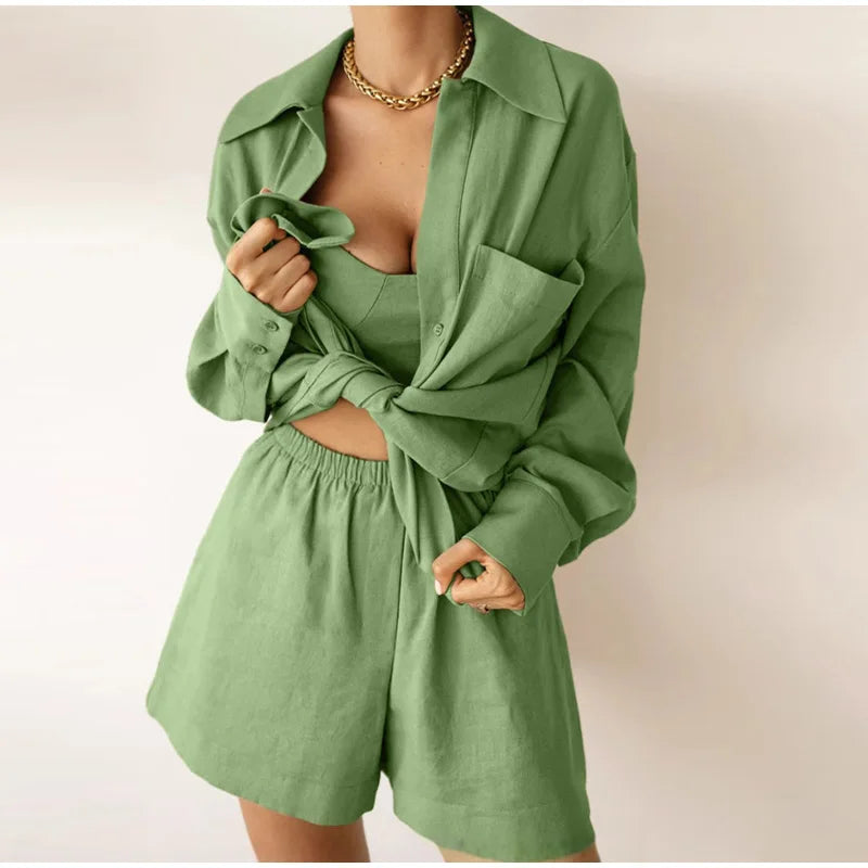 Women Elegant Stripes Cotton Linen Loose Shirt Shorts Suits Fashion Lapel Half Sleeves Elastic Waisted Shorts Summer Lady Outfit