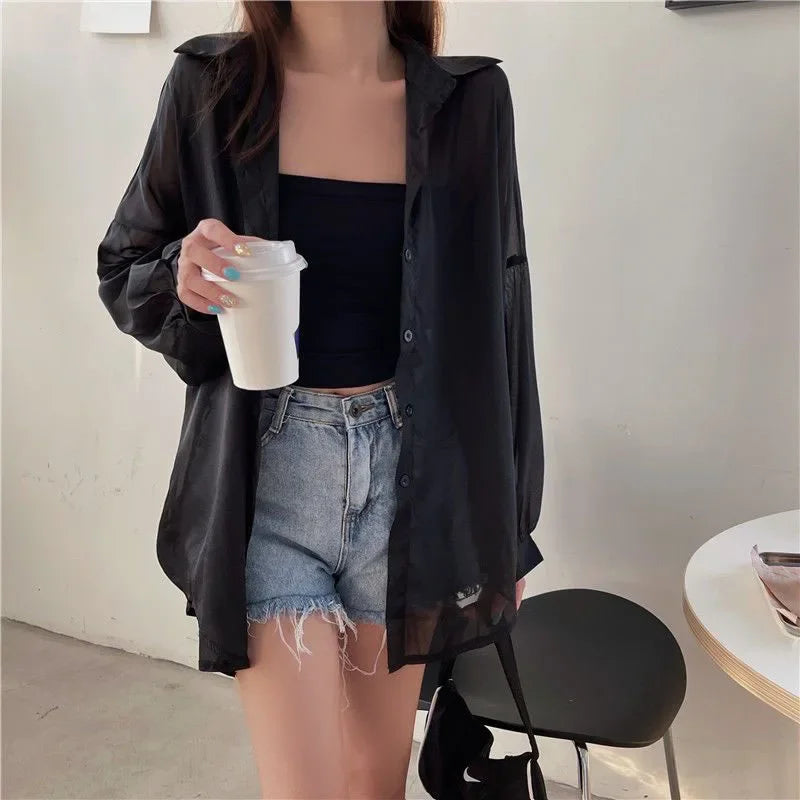 Xpqbb Women's White Chiffon Shirt Sheer Thin Long Sleeve Sun Protection Blouse Woman Casual Loose Simple Single-breasted Shirts