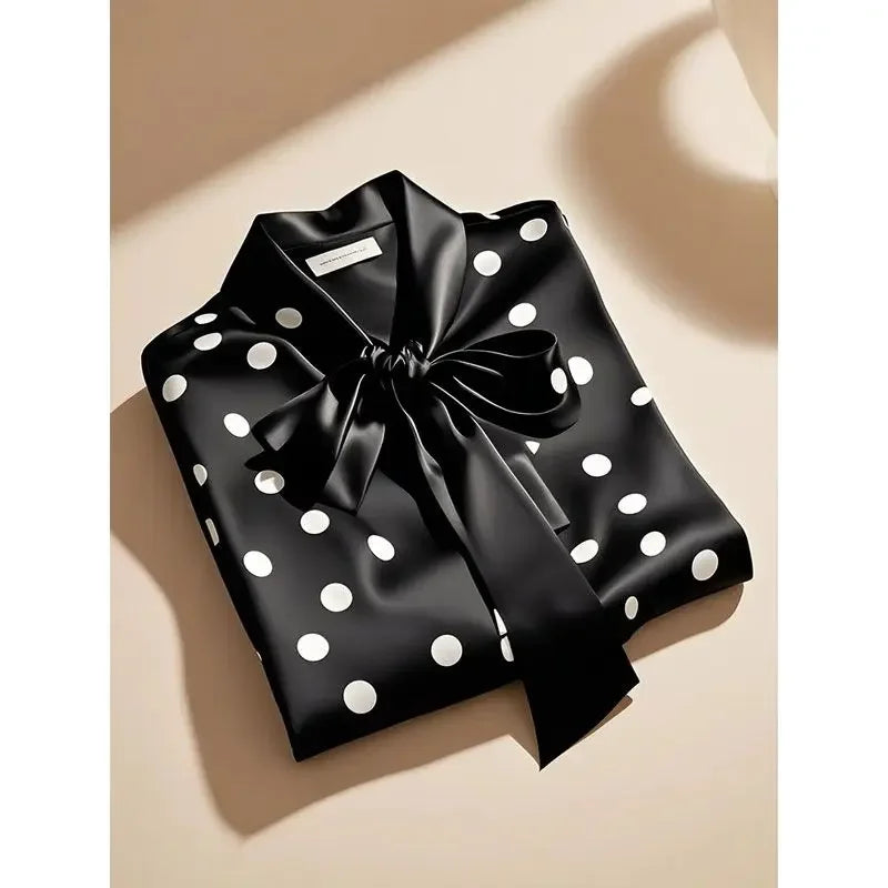 Women High Quality Satin Polka Dot Print Shirt Office Lady Business Casual Elegant Chic Blouse Lace-up Bow Long Sleeve Loose Top